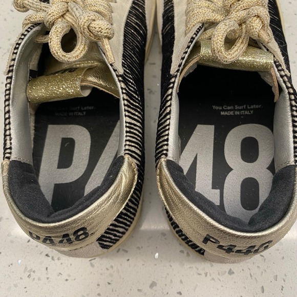 P448 You Can Surf Later Italian Leather Suede Stripe Sneakers Black Gold Size 37
